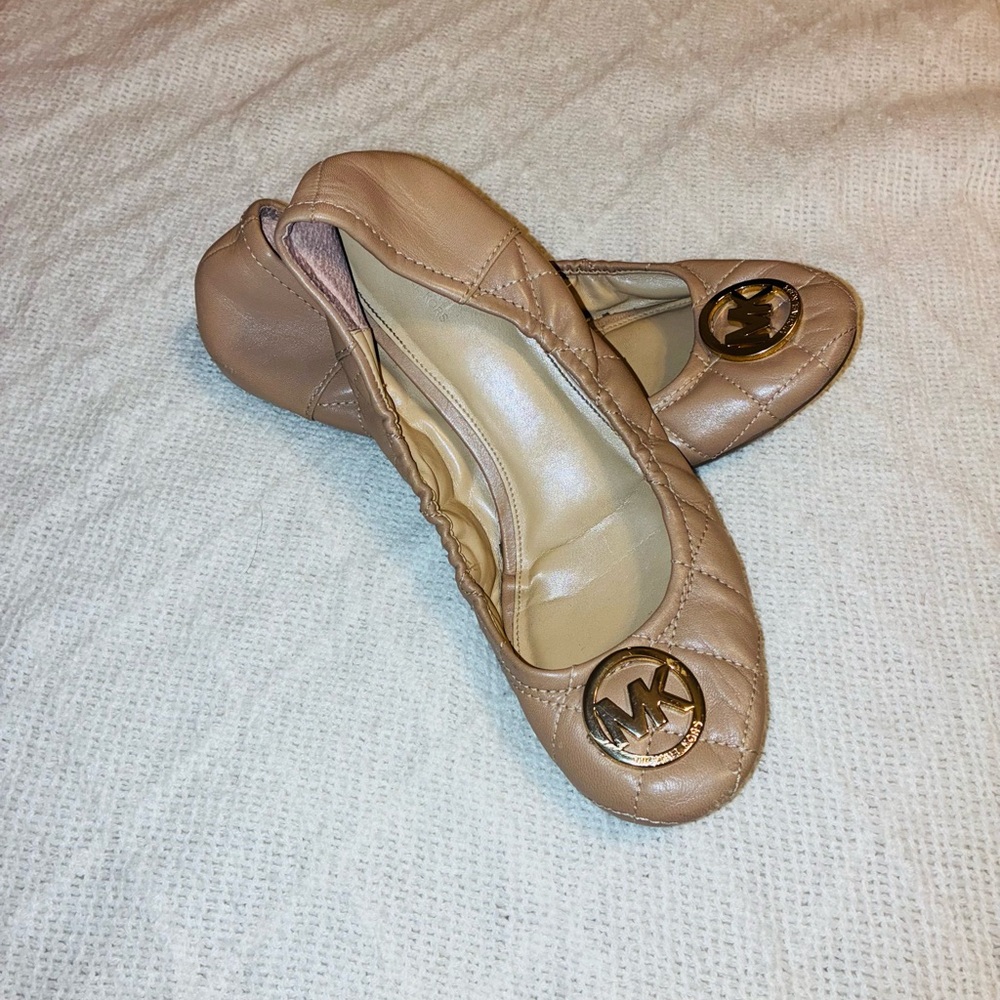 Michael Kors Quilted Tan Flats with Gold Logo